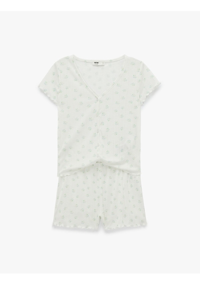 Koton Düğmeli V Yaka Kısa Kollu Desenli Şortlu Pijama Takımı Beyaz Beyaz 6slk40141mk