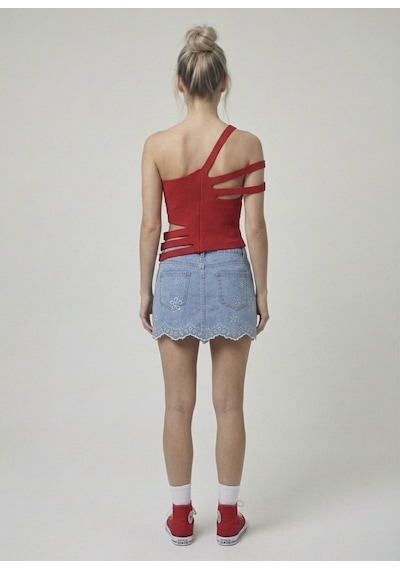 Neden Tekstil Asimetrik Tek Omuz Triko Crop Bluz - Kırmızı