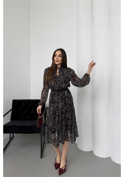 Neşeli Butik Kadın Siyah Dik Yaka Bağlama Detaylı Şifon Kumaş Uzun Kol Midi Elbise Nbelb01 Siyah Neşeli Butik Kadın Siyah Dik Yaka Bağlama Detaylı Şifon Kumaş Uzun Kol Midi Elbise Nbelb01 Siyah