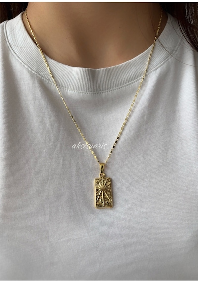 Gold Kare Vintage Kadın Kolye Sarı Sarı