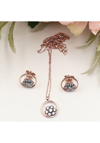 Yuvarlak Halka İçinde Elmas Montürlü Papatya Set Rose Gold - Gümüş