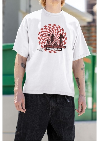 Paranoid Black Sabbath Müzik Grubu Baskılı Unisex Tişört, Oversiz Beyaz