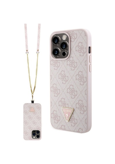 Apple Uyumlu iPhone 15 Pro Max Kılıf Guess Lisanslı Pu Deri Askılı Taşlı Üçgen Logo 4g Strass Crossbody