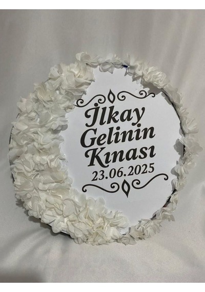 Gelin Tefi 30cm, İsim Ve Tarih Yazılı Yarım Ay Ve Kenar Süslemeli Tasarlanmış Kına Tefi Beyaz