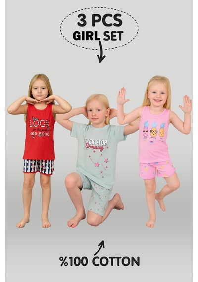 Kız Çocuk 3'lü %100 Pamuklu 1-2-3 Yaş Pijama Takımı Model:129 Çok Renkli