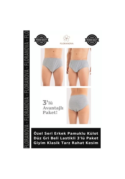 Floranova Özel Seri Erkek Pamuklu Külot Düz Gri Beli Lastikli 3'lü Paket Giyim Klasik Tarz Rahat Kesim Gri-3