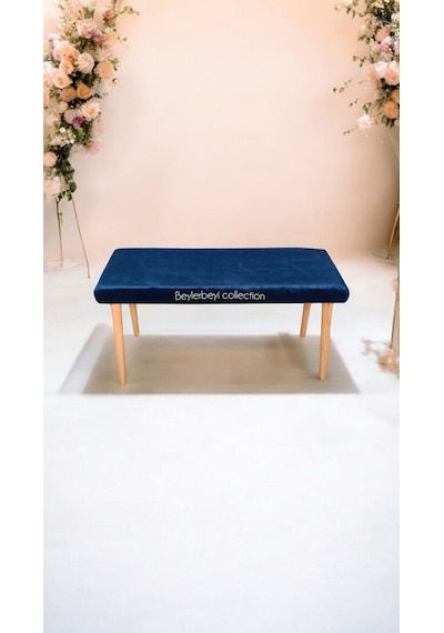 Ahşap Ayaklı Handmade Geniş Oturum Alanlı Düz Kumaş Pofidik Puf Bench, Ayak Ucu Uzatmalık Lacivert