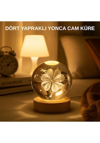Usb Bağlantılı Yonca Bitkili Cam Küre Ahşap Altlıklı Dekoratif Lamba 38574681