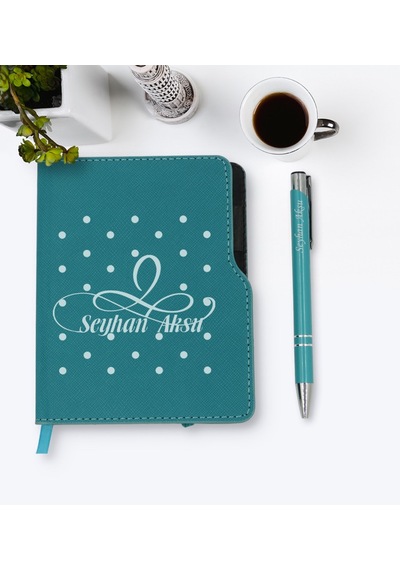 Kişiye Özel Isimli Turkuaz Termo Deri Defter Kalem Seti-4