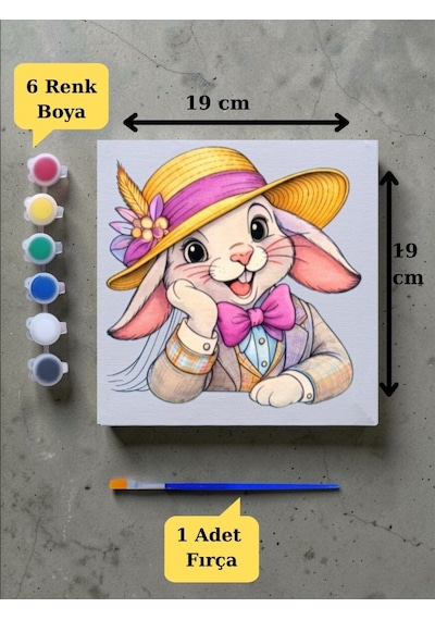 Çocuklara Özel Şapkalı Tavşan Baskılı Tuval Boyama Aktivite Seti 19x19 Cm Tuval, Fırça Ve 6 Renk Akrilik Boya Seti