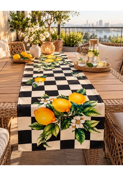 Siyah Beyaz Damalı Limon Desenli 45x140cm Masa Runnerı Çok Renkli
