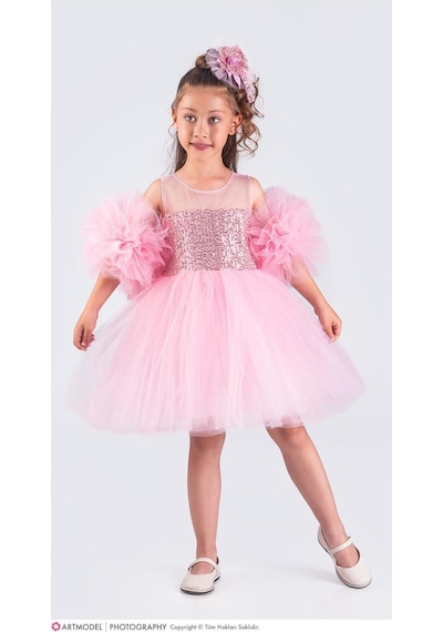Ponpon Tak Çıkarlı Kız Çocuk 4 Parça Elbise - 3/10 Yaş - 31535 Pembe