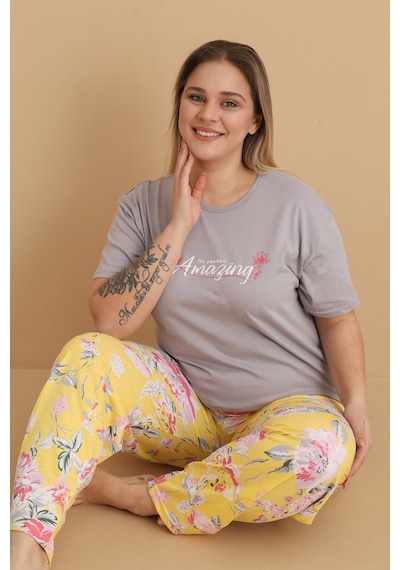 Wordex Mirano 4500 Kısa Kollu Çiçekli Süprem Kumaş Büyük Beden Kadın Pijama Takımı Gri