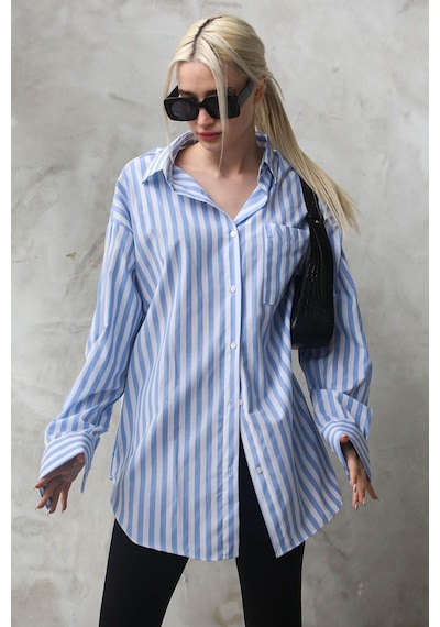 Madmext Mavi Çizgili Oversize Kadın Gömlek Mg1688