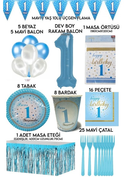 8 Kişilik Mavi Rakam Ve Beyaz Balonlu 1 Yaş Erkek Doğum Günü Partisi Seti Tabak,bardak,peçete Vs