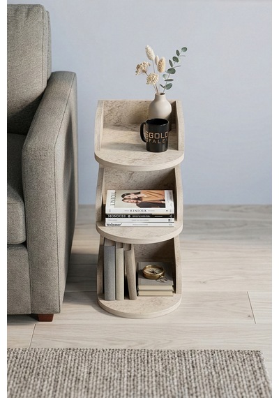 Yan Sehpa Modern 3 Katlı Kitaplıklı Çok Amaçlı Dekoratif Sehpa Minimal Tasarım 6103 Traverten Çok Renkli
