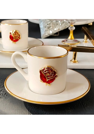 Love Roses 4 Parça 2 Kişilik Yaldızlı Porselen Kahve Fincan Takım