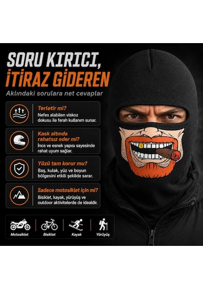 Unisex Sakallı Puro Baskılı Balaklava 1 Adet Tek Beden Viskoz Kask İçi Outdoor Maske 1 Siyah