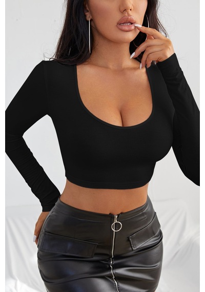 Epilons Zenvial Kadın Siyah Uzun Kol Kare Yaka Crop Top Bluz Zenviall2