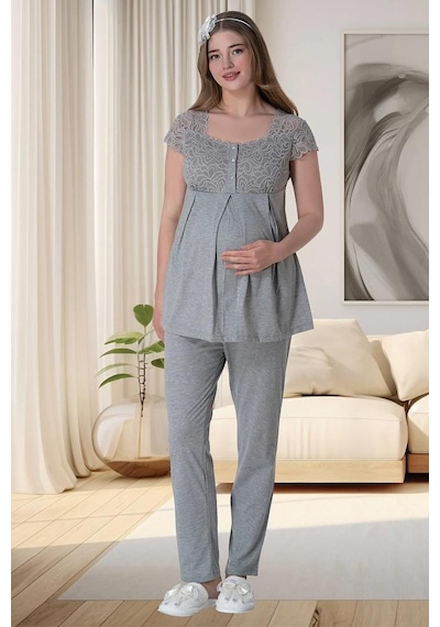 Mecit Pijama Mecit 6066 Bayan Hamile Lohusa Gri Sabahlık Gecelik Pijama Seti 001
