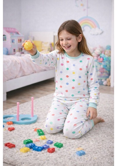 Kız Çocuk Renk Paleti Desenli 8 - 13 Yaş Pijama Takımı Beyaz