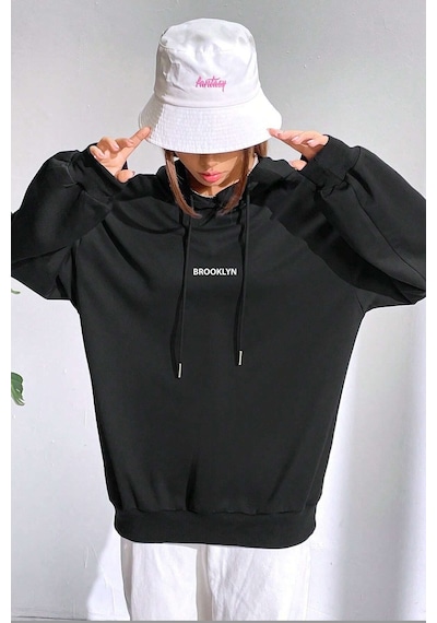 Unisex Oversize Brooklyn Baskılı Sweatshirt Siyah