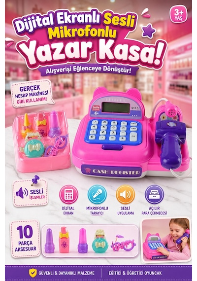 Eğitici Pembe Oyuncak Yazar Kasa - Dijital Ekranlı, Sesli Ve Mikrofonlu Market Kasası Seti 3+ Yaş
