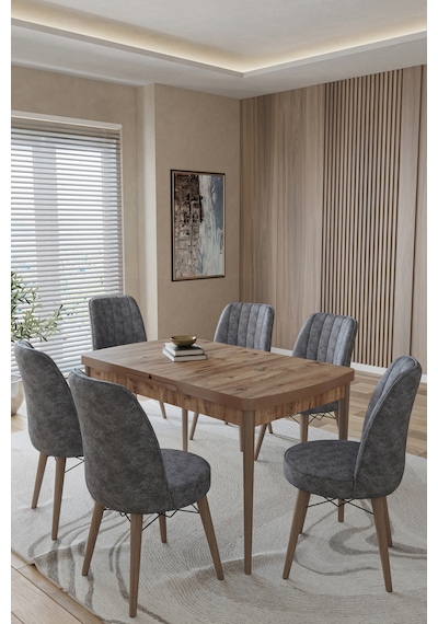 Toce Home Eva 80x130 Açılabilir Masa Yemek Odası Takımı Mutfak Takımı 6 Adet Sandalye Gri
