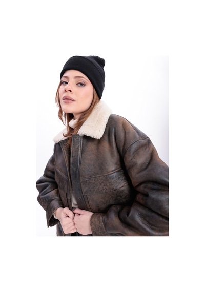 M M Marki Marki Kadın Hakiki Deri Ceket, İçi Kürklü, 58 Cm, Oversize, Sportif Eskitme Model - 119922 Kahverengi Eskitme