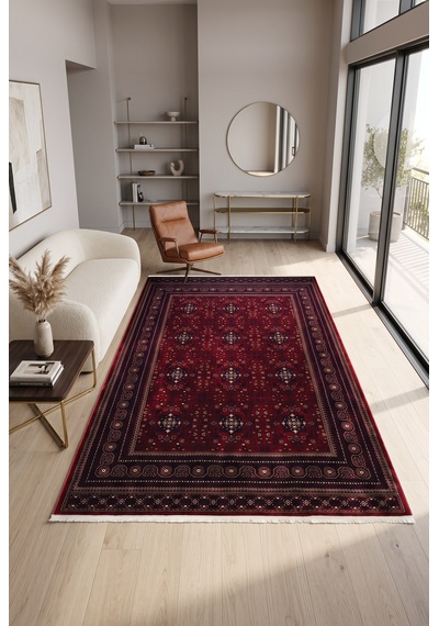 Asya Etnik Desenli Saçaklı Salon Oturma Odası Halısı 39772-10 Bordo