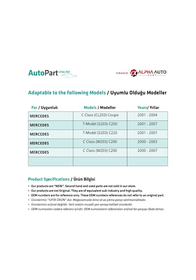 Mercedes C Class CL203, W203,S203 için Yakıt Hortumu