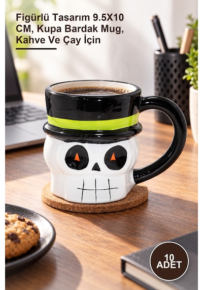 10 Adet Centilmen İskelet 3d Kabartmalı Kupa Figürlü Tasarım 9.5x10 Cm, Kupa Bardak Mug, Kahve Ve Çay İçin