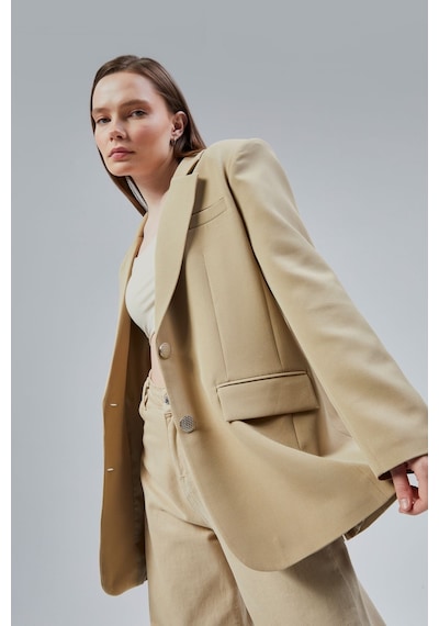 Kadın Oversize Düz Kesim Astarlı Dokuma Blazer Ceket Haki