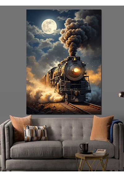 Ahşap Tablo Gece Vakti Işıldayan Eski Buharlı Tren