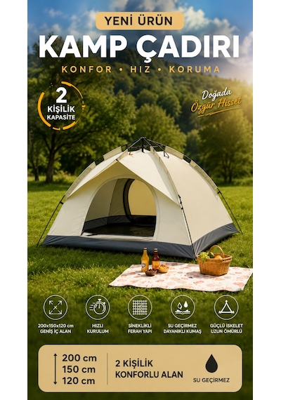 Çadır Tam Otomatik Kamp Çadırı 2 Kişilik 200x150 Cm 3 Saniyede Kurulum Su Geçirmez Geniş Çadır Outdoor Bej