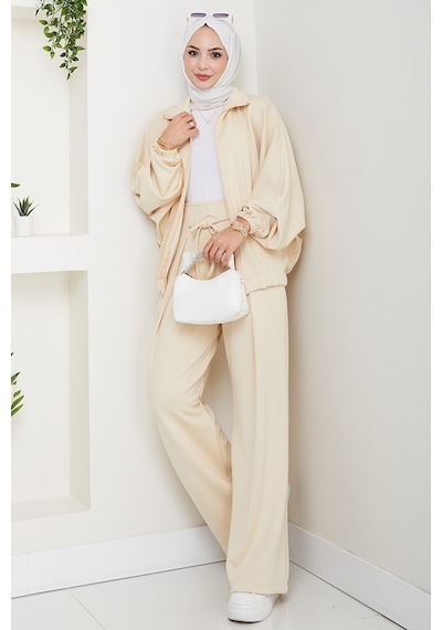 Bestenur Fermuarlı Oversize Takım 1595 - Bej Bej