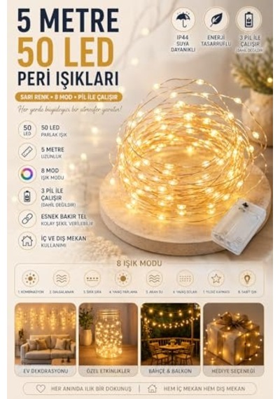 5 Metre Gün Işığı Peri Led Tel 3 Pilli Fonksiyonlu Süsleme İnce Telli Aydınlatmalı Şerit Led Yılbaşı Işık Diğer