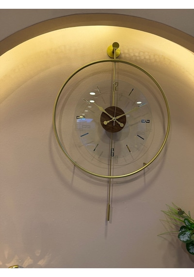 Metaquartz Aksesuar Masif - Luxry Şefaf Tamperli Kırılmaz Cam - 50 Çap - Quartz Mekanizma - Metal Duvar Saati Gold
