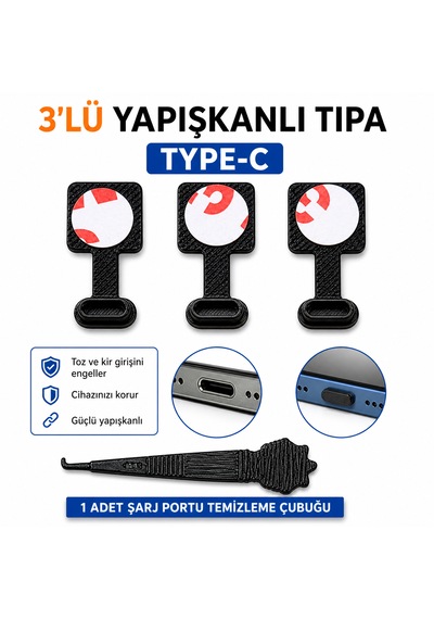 Type-c Yapışkanlı Toz Koruma Tıpası 3 Lü Set Şarj Girişi Koruyucu Premium