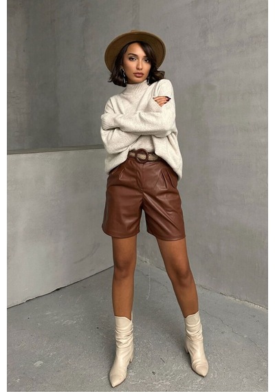 Verymoda Kemerli Deri Şort F1497 Taba