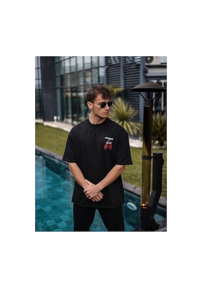 Erkek Kısa Kol Tişört Bisiklet Yaka Box Eldiven Baskılı T-shirt - Siyah