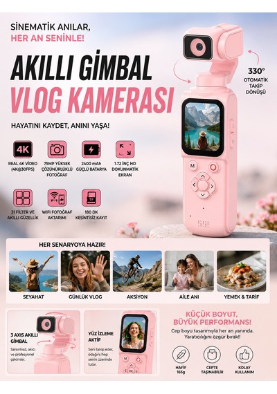 Qstar 4k Profesyonel Vlog Kamerası Pembe 330 Döner Lensli Dijital Video Kamera Yüksek Stabilizasyon