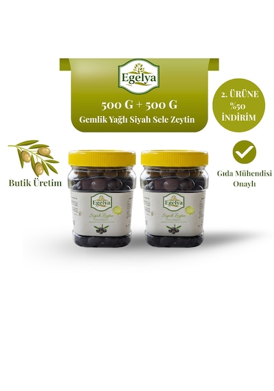 Egelya Gemlik Yağlı Siyah Sele Zeytin 500 G + 500 G Zeytin Paketi Doğal Fermente Katkısız