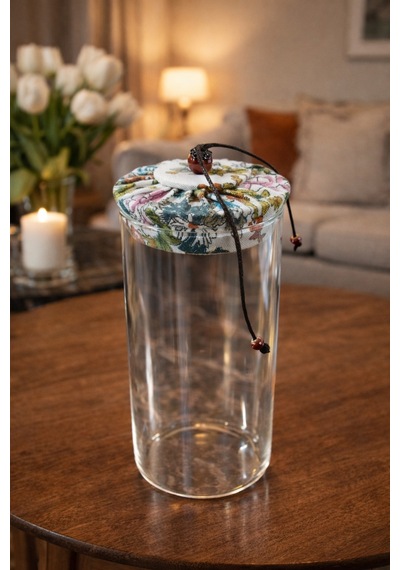 Makri Home 800 Ml Borosilikat Cam Hava Geçirmez Beyaz Kumaş Kaplama Bambu Kapaklı Kavanoz, Çap: 8 Cm, H: 21 Cm Beyaz