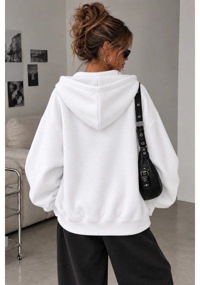 Cool Tarz Kadın Oversize Kapüşonlu Fermuarlı Sweatshirt 3 İplik Şardonlu Cepli Beyaz Beyaz Cool Tarz Kadın Oversize Kapüşonlu Fermuarlı Sweatshirt 3 İplik Şardonlu Cepli Beyaz Beyaz