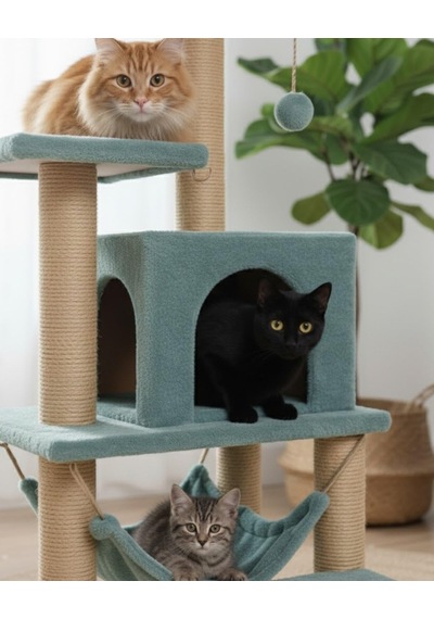 Pet B-07 Hamaklı Yuvalı Lüx Kedi Tırmalama Oyun Evi Turkuaz