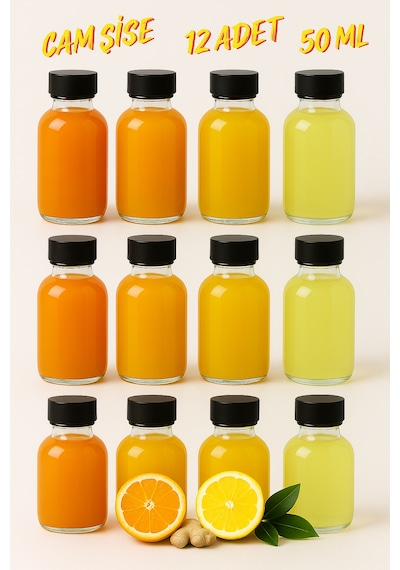 Rotanev 12 Adet Siyah Plastik Sızdırmaz Kapaklı Cam 50 ml Mini Shot Ginger Detox Şişe Kolonya Koku Süs Şişe