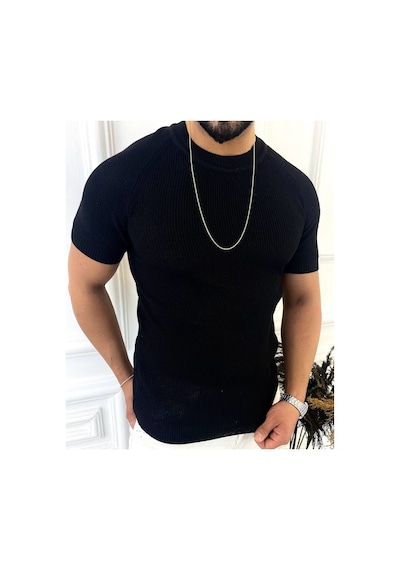 Örme Triko Tişört Kısa Kollu Triko Slim Fit Dar Kesim T-shirt Siyah