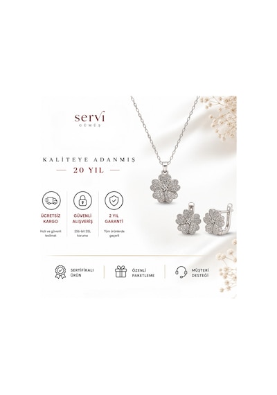 Servi 925 Ayar Gümüş Rose Garden Zirkon Taşlı Zarif Çiçek Kolye Ve Küpe Seti -538
