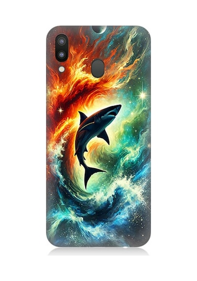 Samsung Galaxy M20 Uyumlu Ateşle Dans Eden Köpekbalığı Desenli Silikon Kılıf Çok Renkli